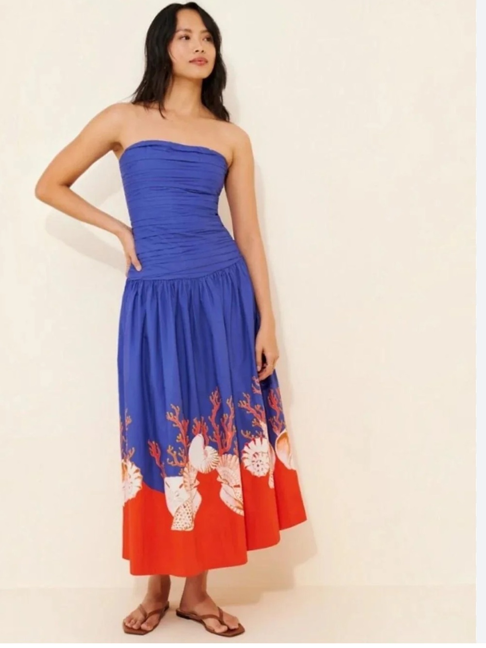 Carolina K Malla Strapless Blue & Red Coral-Print Midi Dress